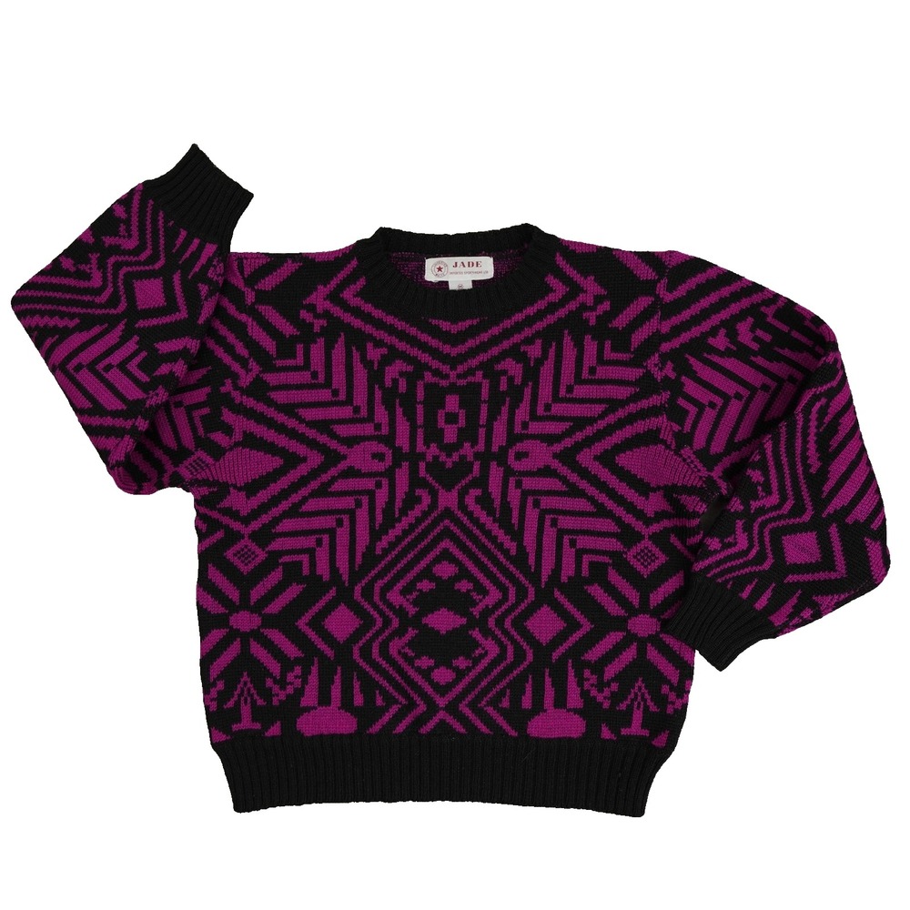 Jade Imported Vintage Sweater Women's Medium Purple Black Geometric Long Sleeve